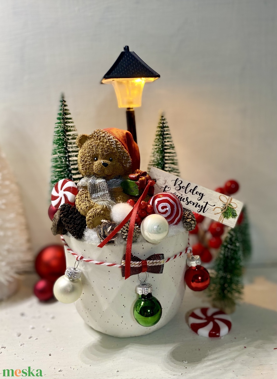 Macis dísz világító lámpással - karácsony - adventi díszek - adventi asztaldísz - Meska.hu