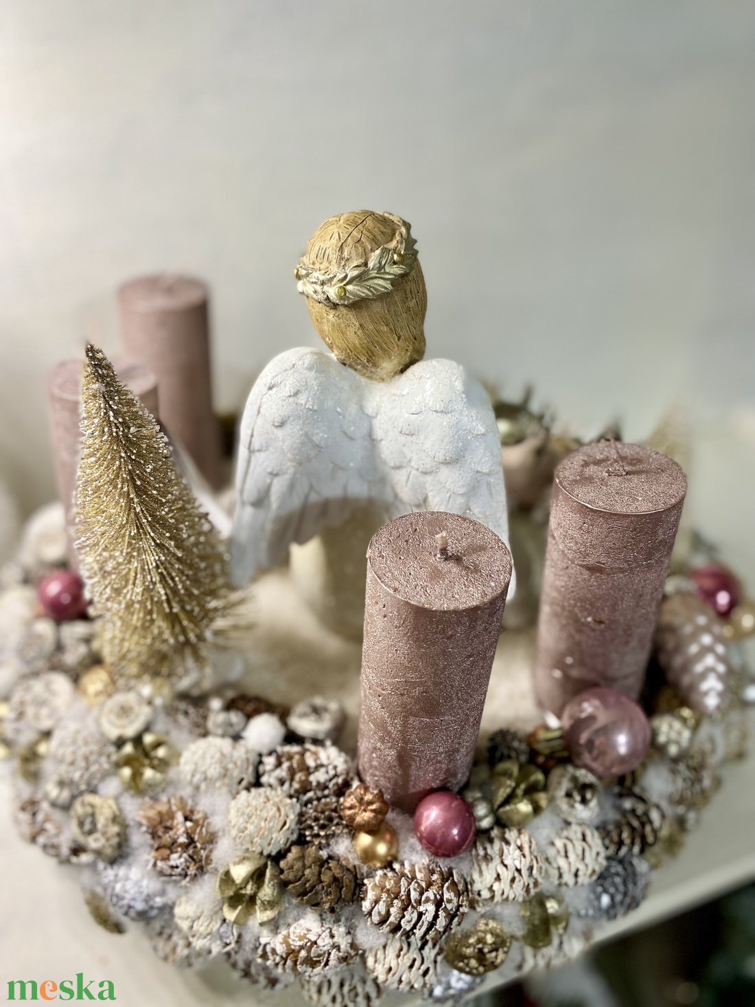 33 cm, angyallal-világítással, szarvassal adventi asztaldísz - karácsony - adventi díszek - adventi koszorú - Meska.hu