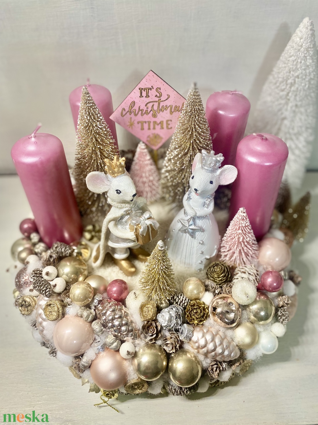 Egeres rózsaszín arany adventi koszorú - karácsony - adventi díszek - adventi koszorú - Meska.hu