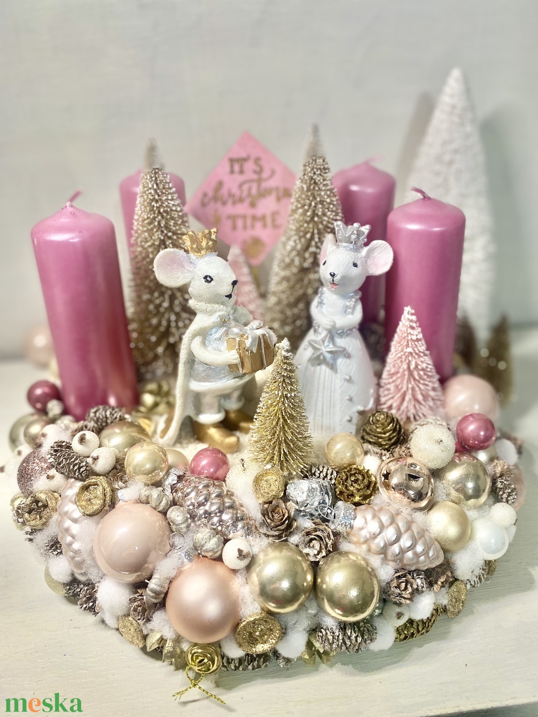 Egeres rózsaszín arany adventi koszorú - karácsony - adventi díszek - adventi koszorú - Meska.hu