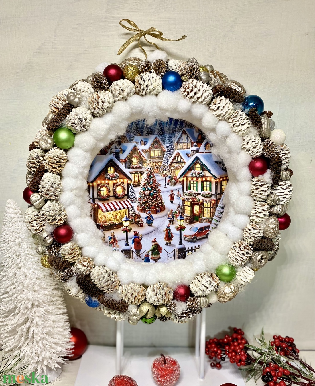 Karácsonyi falu kopogtató ajtódísz - karácsony - adventi díszek - adventi ajtódísz - Meska.hu