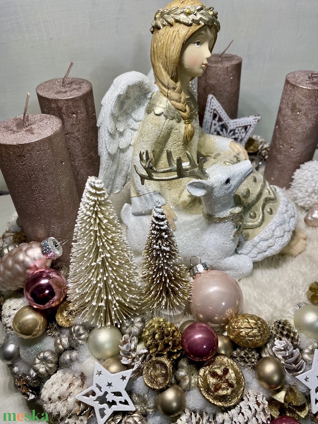 33 cm, angyallal-világítással, szarvassal adventi asztaldísz - karácsony - adventi díszek - adventi koszorú - Meska.hu