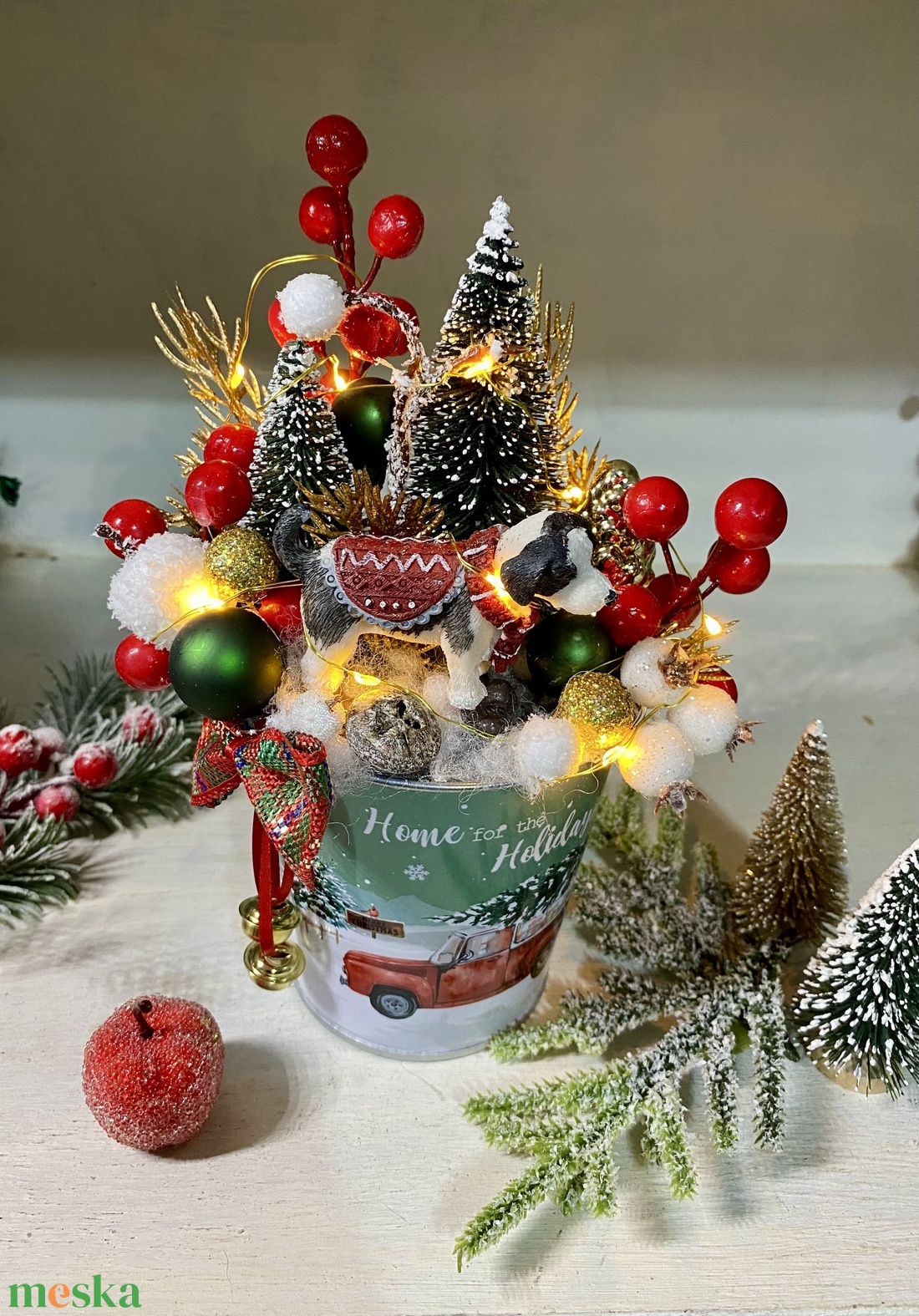 Kutyás asztaldísz bádog kaspóban led világítással - karácsony - adventi díszek - adventi asztaldísz - Meska.hu