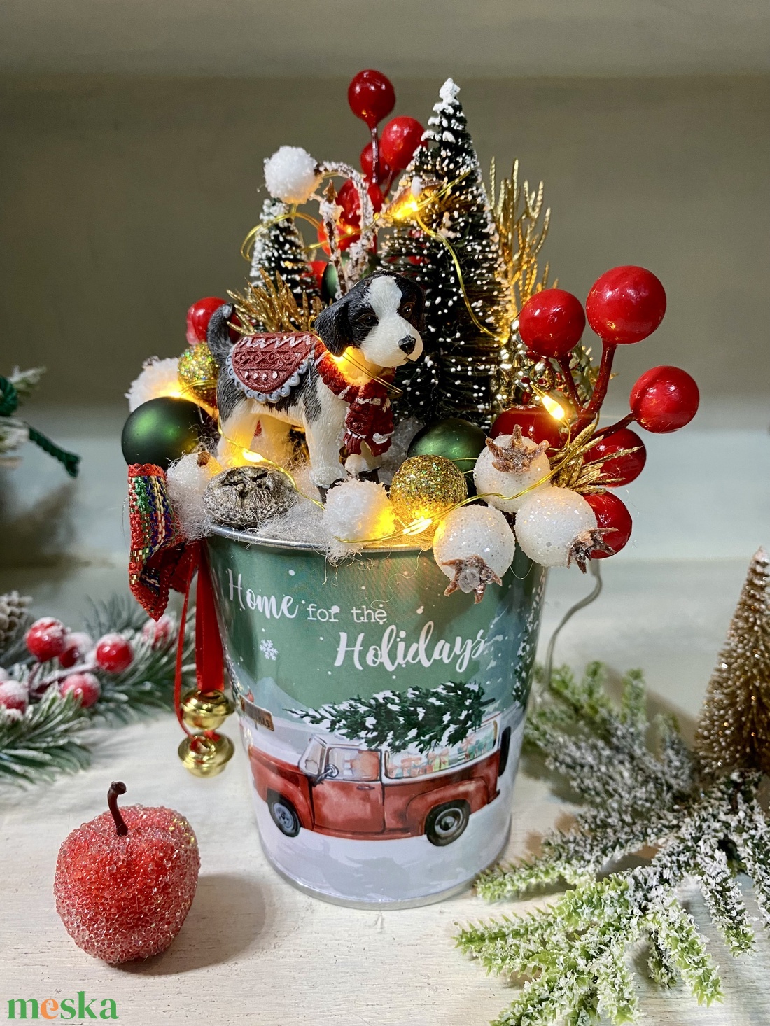 Kutyás asztaldísz bádog kaspóban led világítással - karácsony - adventi díszek - adventi asztaldísz - Meska.hu