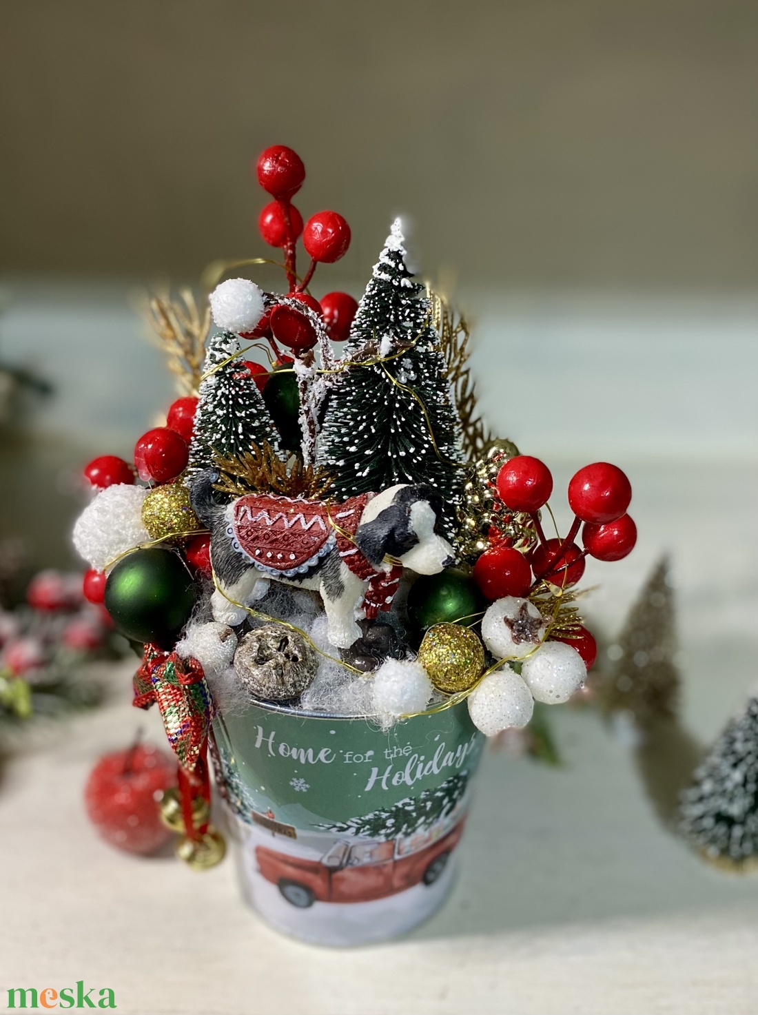 Kutyás asztaldísz bádog kaspóban led világítással - karácsony - adventi díszek - adventi asztaldísz - Meska.hu