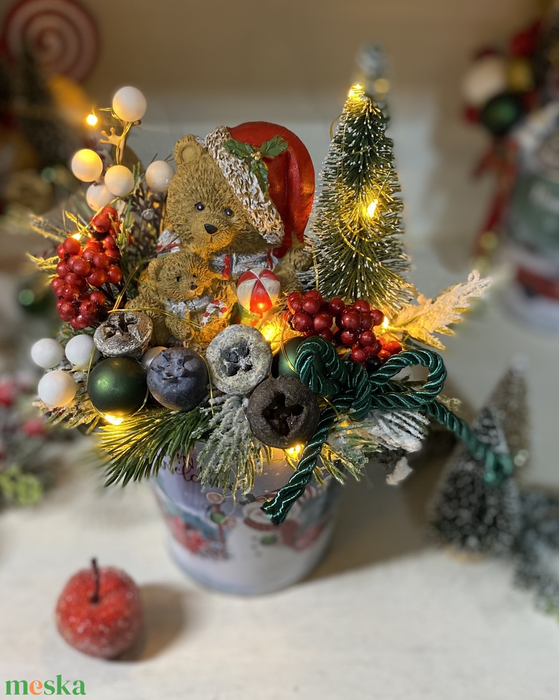 Adventi asztaldísz macival kaspóban led világítással - karácsony - adventi díszek - adventi asztaldísz - Meska.hu