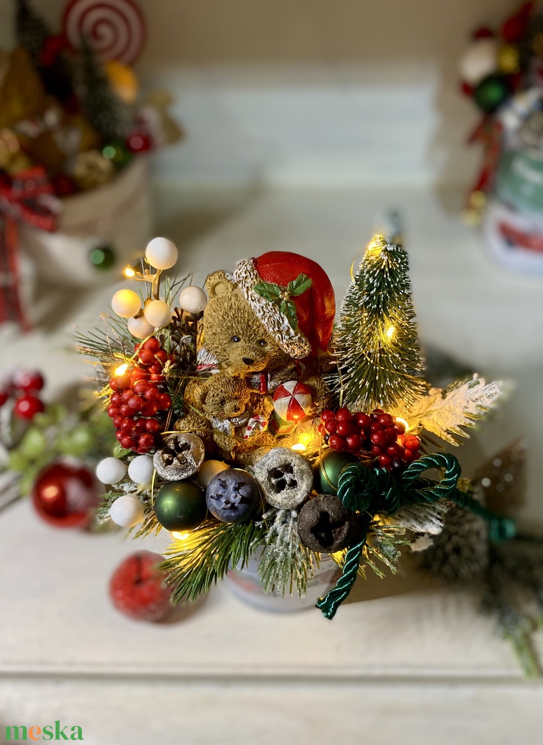 Adventi asztaldísz macival kaspóban led világítással - karácsony - adventi díszek - adventi asztaldísz - Meska.hu