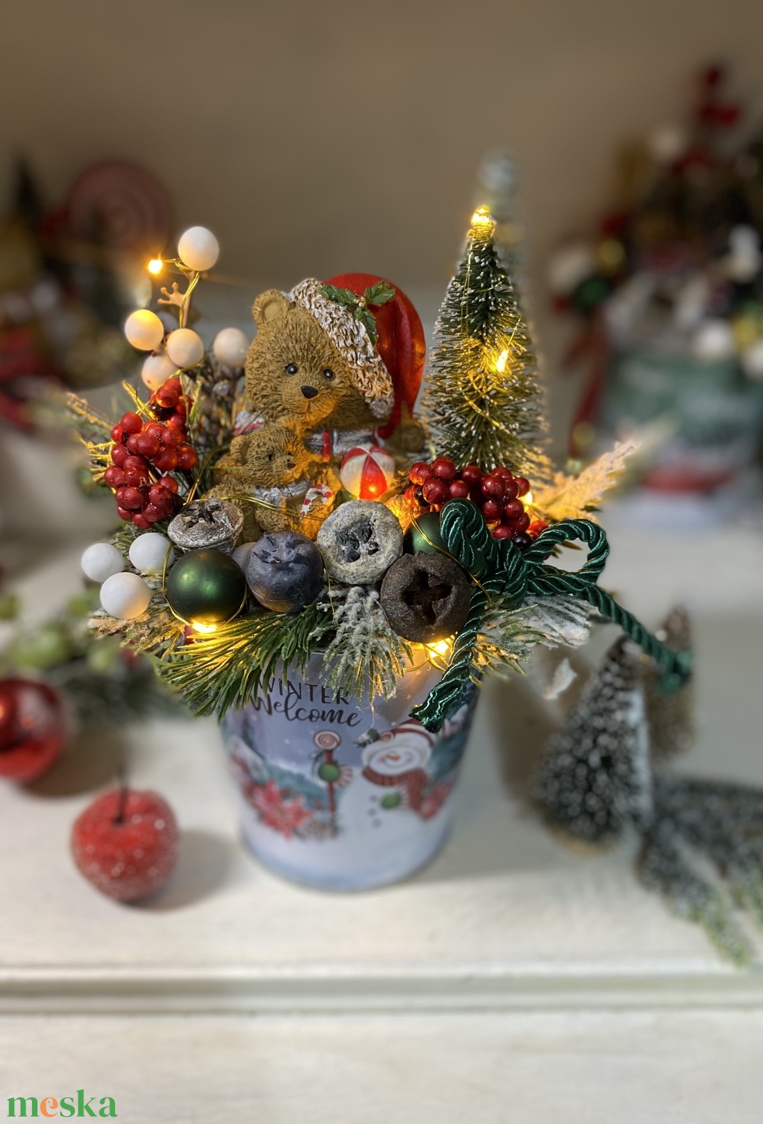 Adventi asztaldísz macival kaspóban led világítással - karácsony - adventi díszek - adventi asztaldísz - Meska.hu