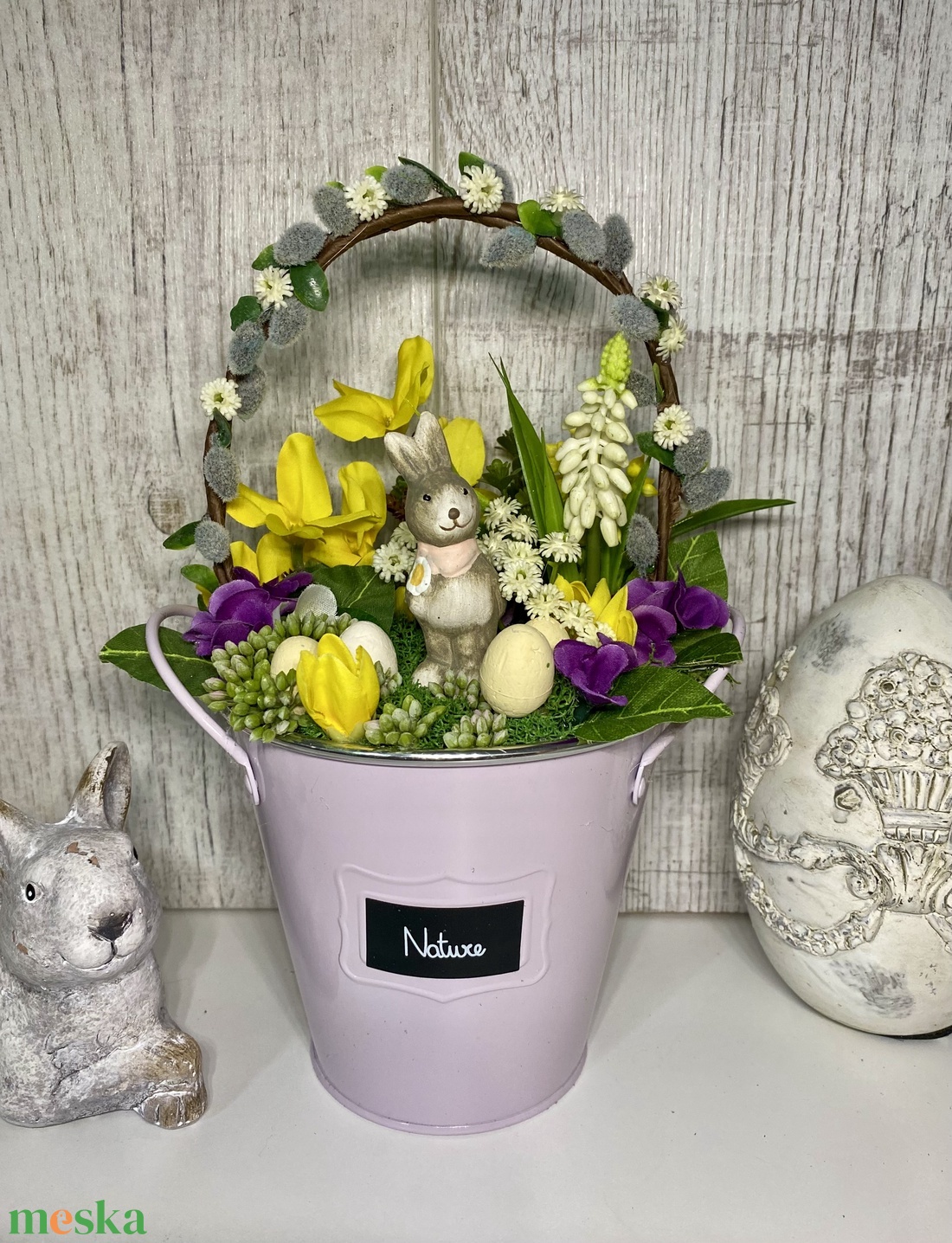  Húsvéti  asztaldísz barkaággal nyuszival - ünnepi díszek, dekorációk - húsvéti díszek és dekorációk - húsvéti virágos díszek - Meska.hu