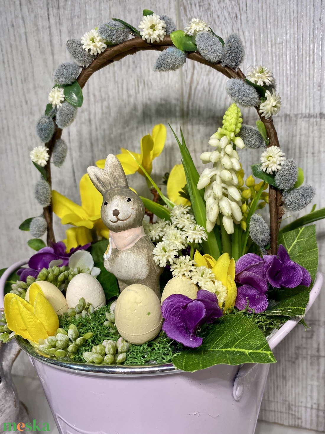  Húsvéti  asztaldísz barkaággal nyuszival - ünnepi díszek, dekorációk - húsvéti díszek és dekorációk - húsvéti virágos díszek - Meska.hu