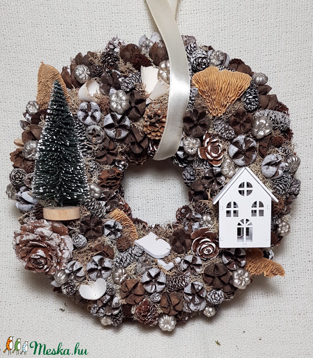 Téli kopogtató kis házikóval - karácsony - adventi díszek - adventi ajtódísz - Meska.hu