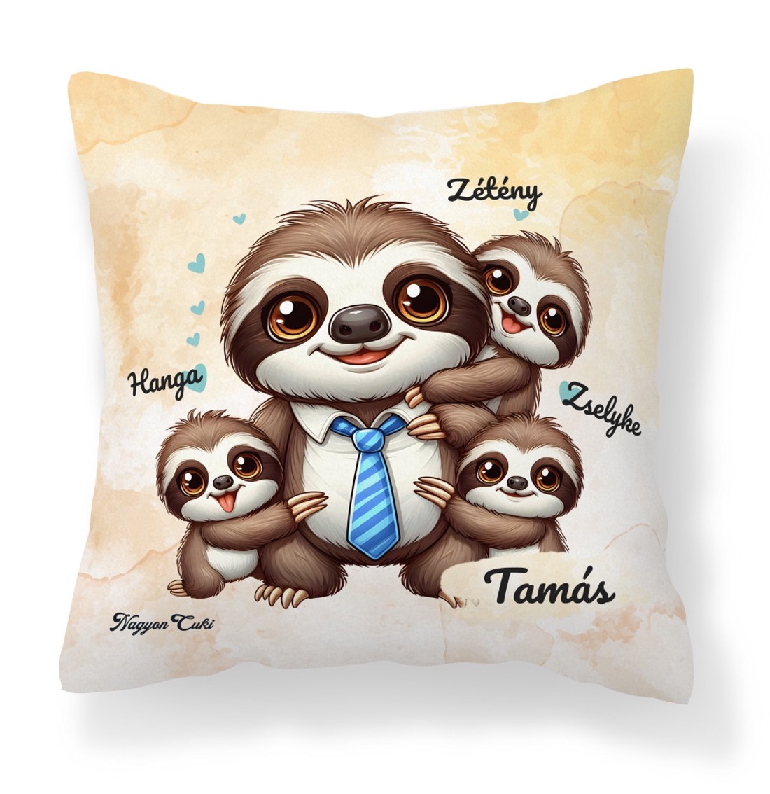Névvel kérhető - Nyakkendős Cuki lajhár Apa és három gyerek mintás párna - otthon & életmód - lakástextil - párna & párnahuzat - díszpárna (belsővel együtt) - Meska.hu