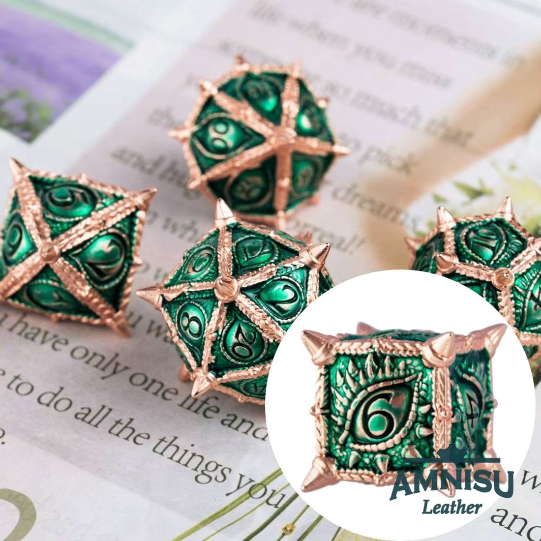 Zöld - rosegold sárkányszemes fém kockaszett - játék & sport - szerepjáték - Meska.hu