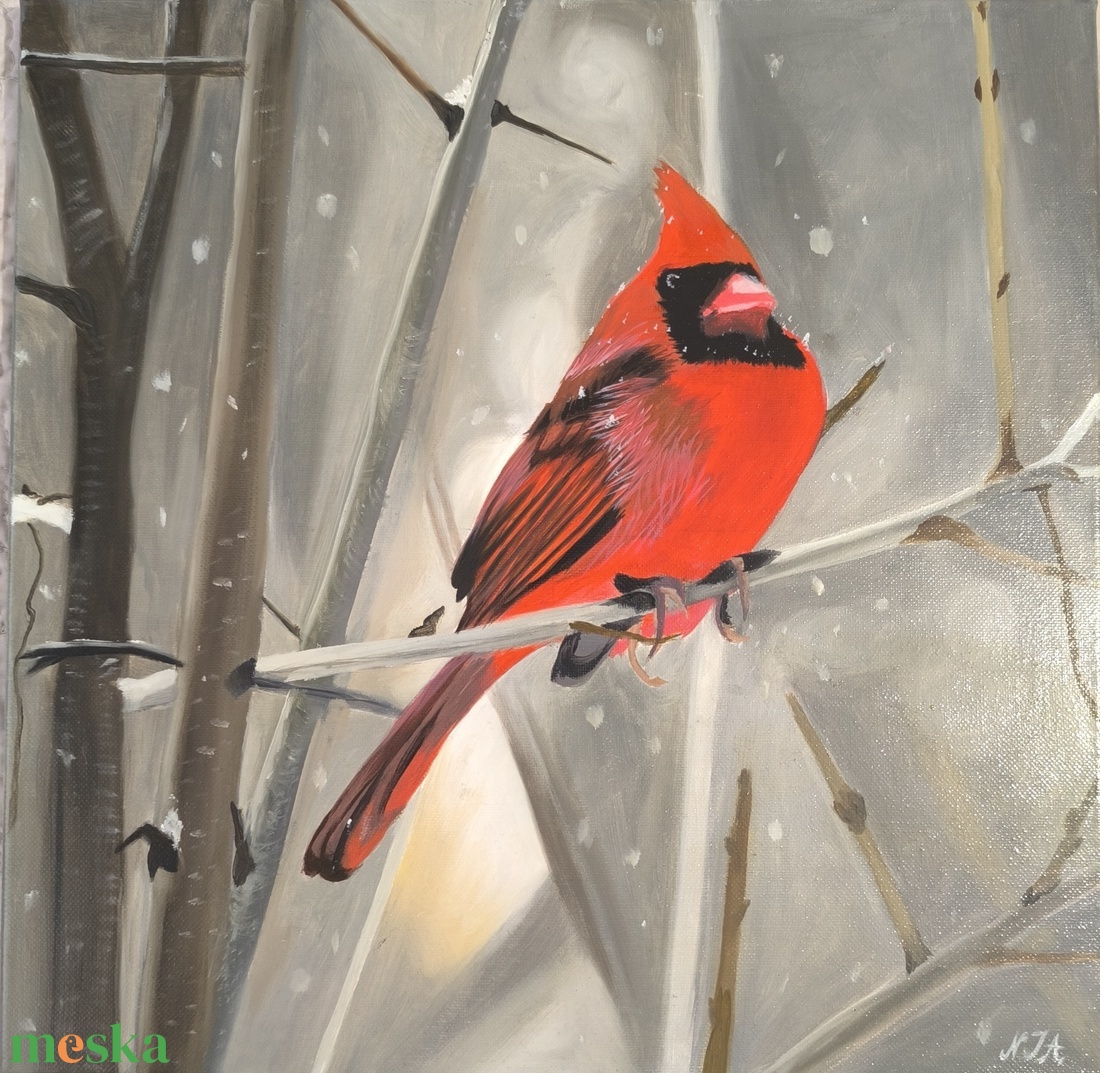 Vörös kardinálispinty festmény - művészet - festmény - festmény vegyes technika - Meska.hu