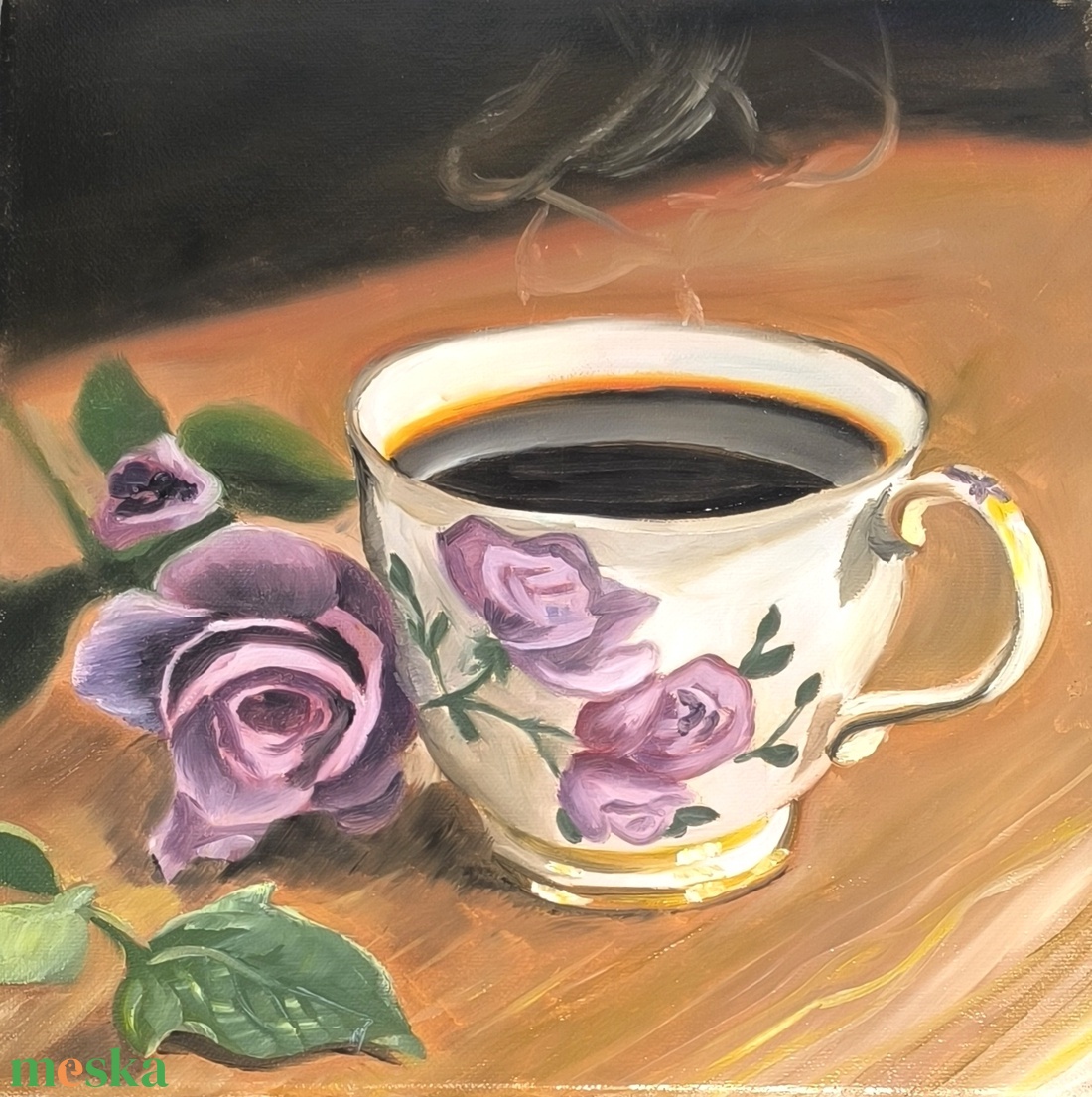 Kávé csendélet lila rózsával festmény- Konyha sorozat (2/3) - művészet - festmény - olajfestmény - Meska.hu