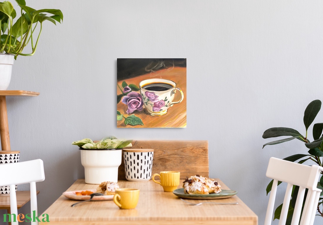 Kávé csendélet lila rózsával festmény- Konyha sorozat (2/3) - művészet - festmény - olajfestmény - Meska.hu