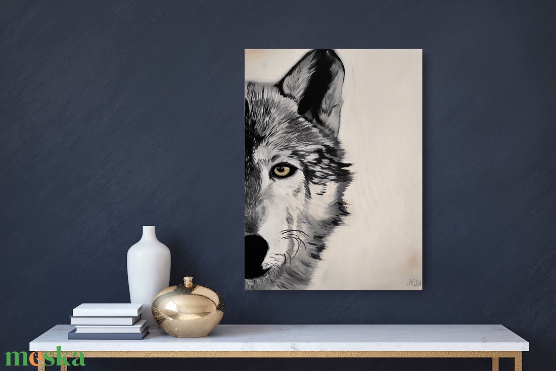 Fekete-fehér Farkas festmény - művészet - festmény - olajfestmény - Meska.hu