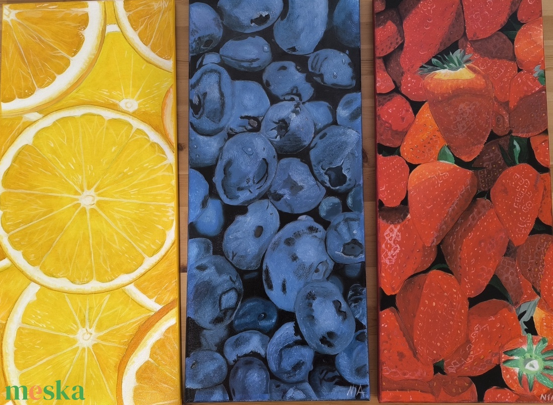 Vibráló Gyümölcsök � Egyedi, kézzel festett 3 részes olajfestmény sorozat - művészet - festmény - olajfestmény - Meska.hu