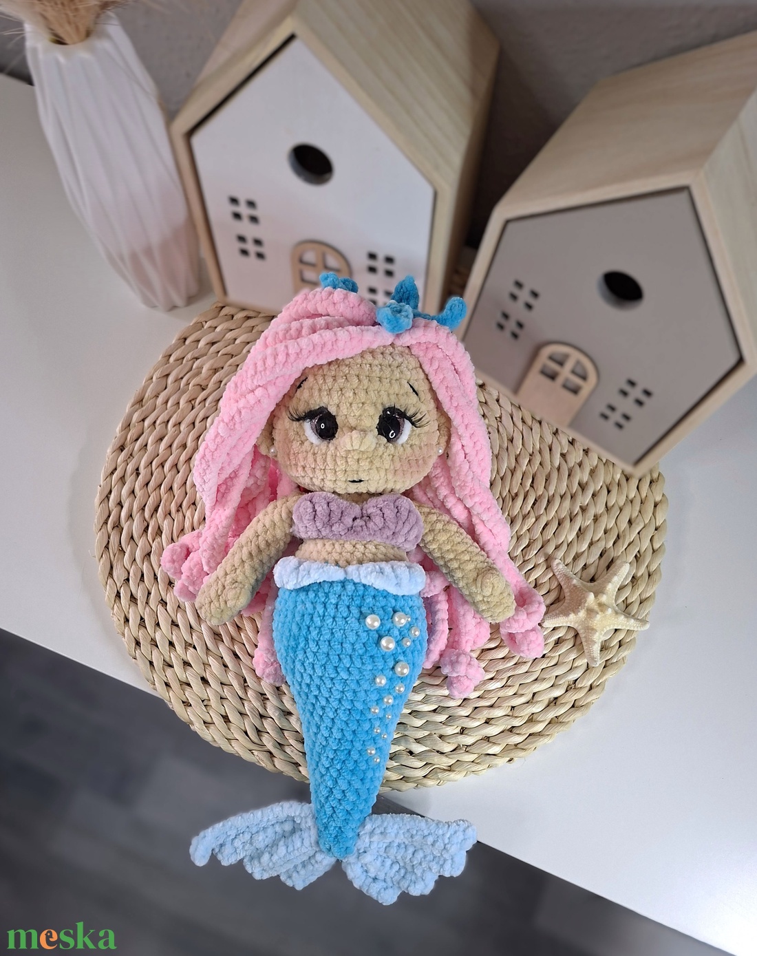 Horgolt hableány baba - rózsaszín hajjal - játék & sport - plüssállat & játékfigura - plüss mesefigurák - Meska.hu