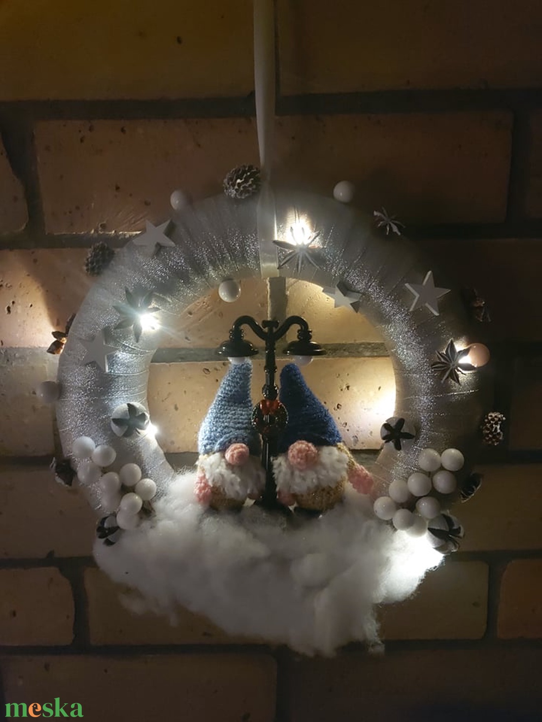 Kék karácsonyi kis  manós világító kopogtató - karácsony - adventi díszek - adventi ajtódísz - Meska.hu