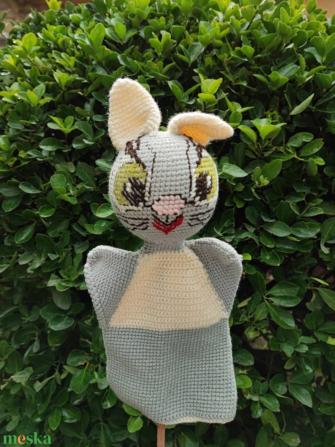 Horgolt cica kézbáb szürke - halványsárga - játék & sport - bábok - kesztyűbáb - Meska.hu