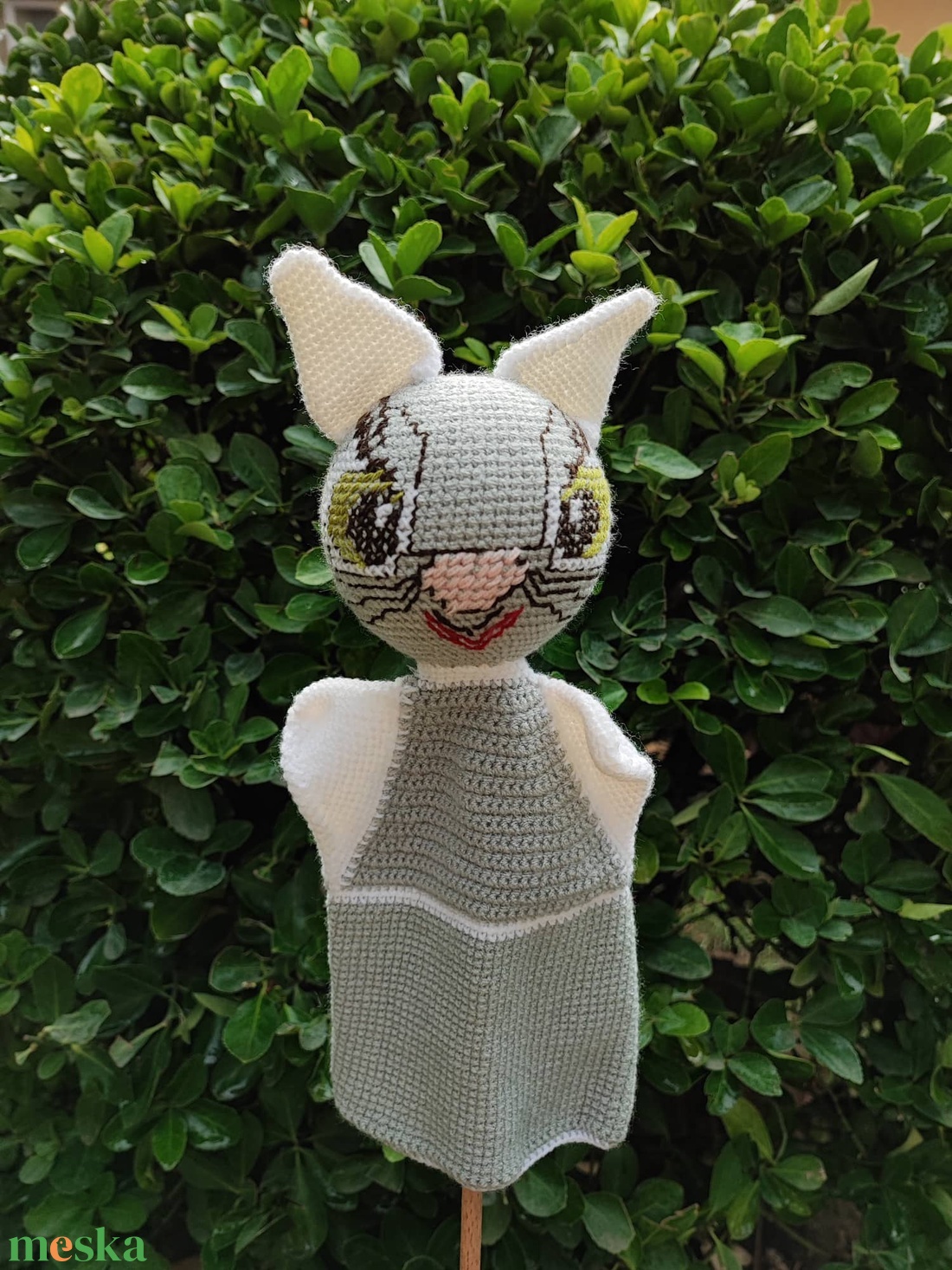 Horgolt cica kézbáb szürke - fehér - játék & sport - bábok - kesztyűbáb - Meska.hu