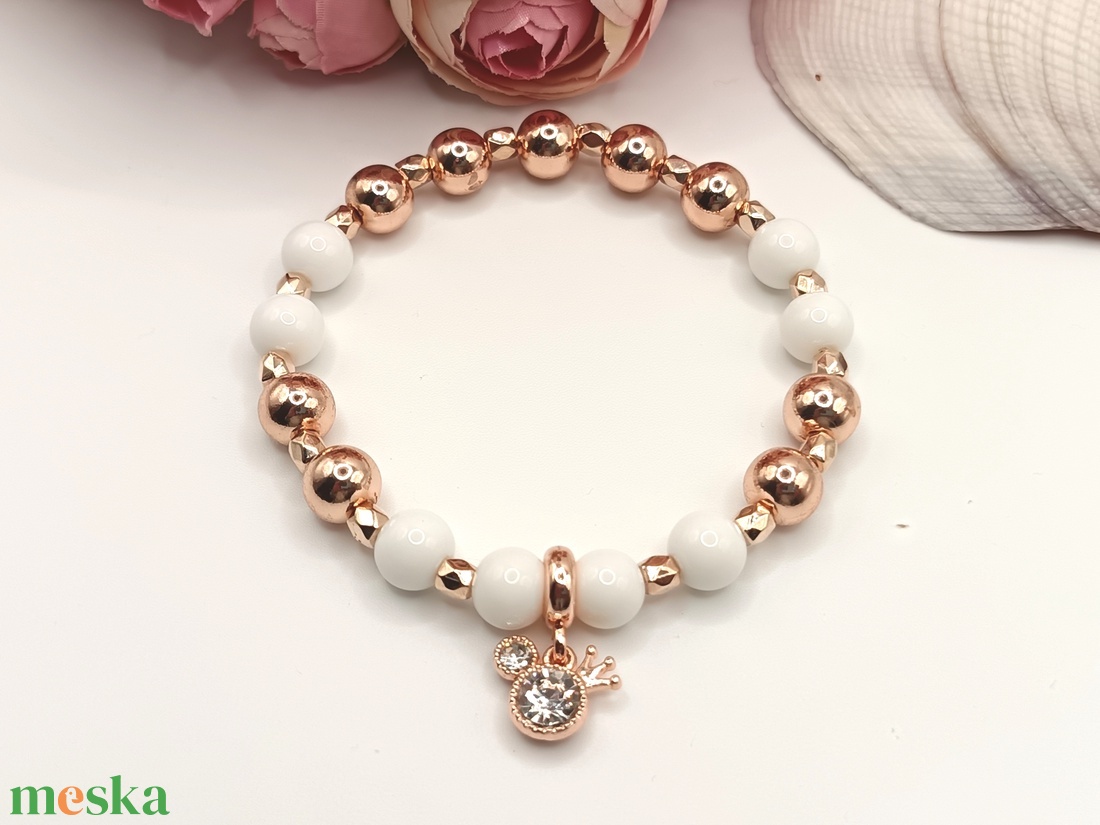 Fehér achát - rózsaarany hematit ásványgyöngy karkötő  - ékszer - karkötő - gyöngyös karkötő - Meska.hu