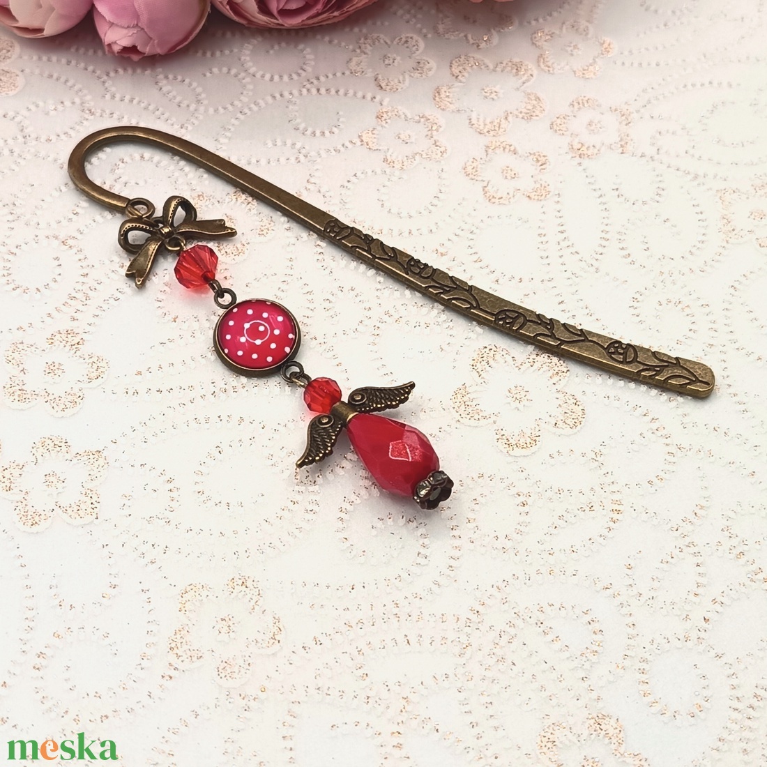 Antik bronz könyvjelző � piros, fehér pöttyös lencsével - könyv & zene - könyvjelző - Meska.hu