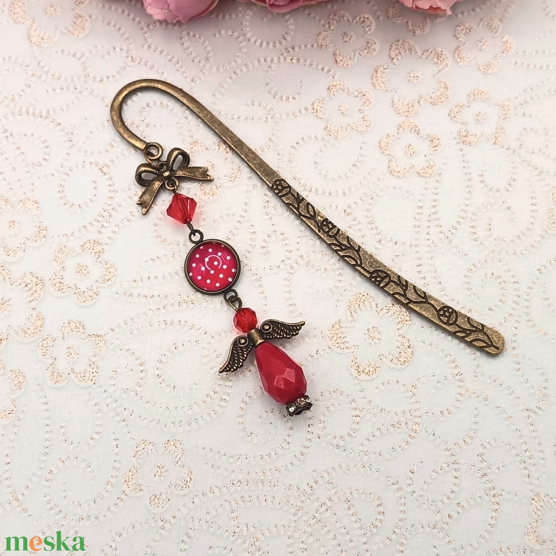 Antik bronz könyvjelző � piros, fehér pöttyös lencsével - könyv & zene - könyvjelző - Meska.hu