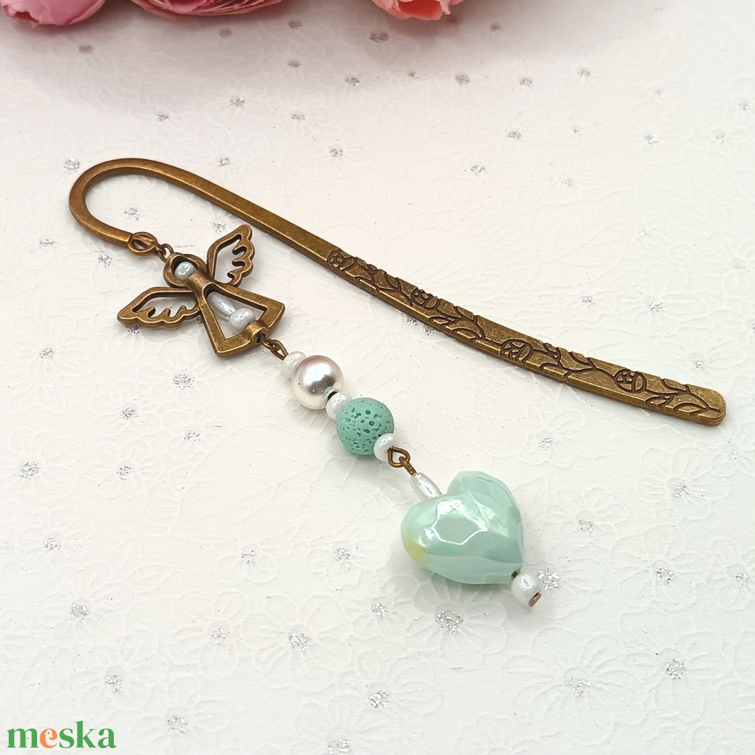 Antik bronz könyvjelző � mentazöld szív gyönggyel - könyv & zene - könyvjelző - Meska.hu