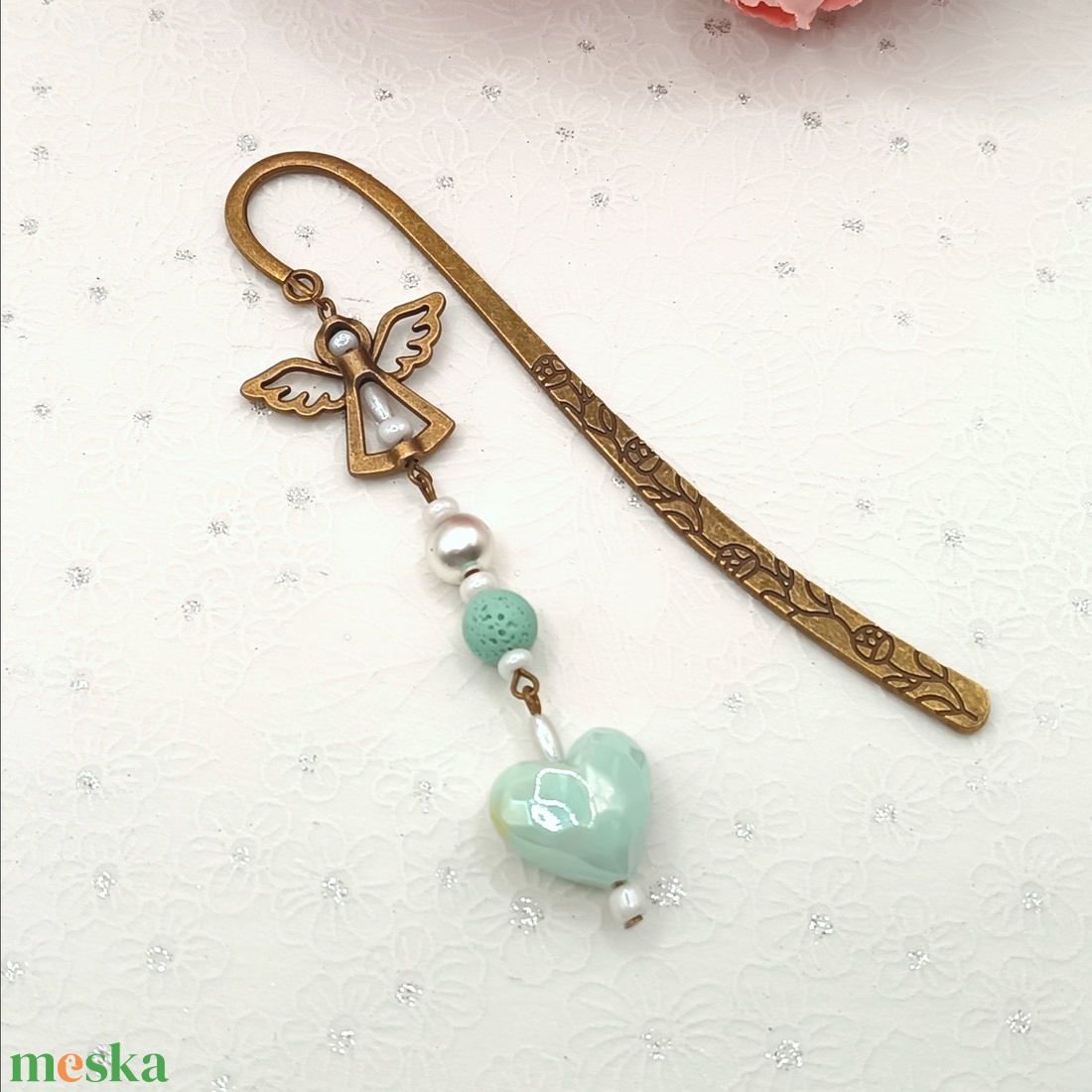 Antik bronz könyvjelző � mentazöld szív gyönggyel - könyv & zene - könyvjelző - Meska.hu