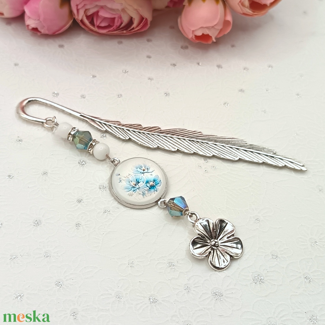 Ezüst könyvjelző � kék virágmintás lencsével - könyv & zene - könyvjelző - Meska.hu