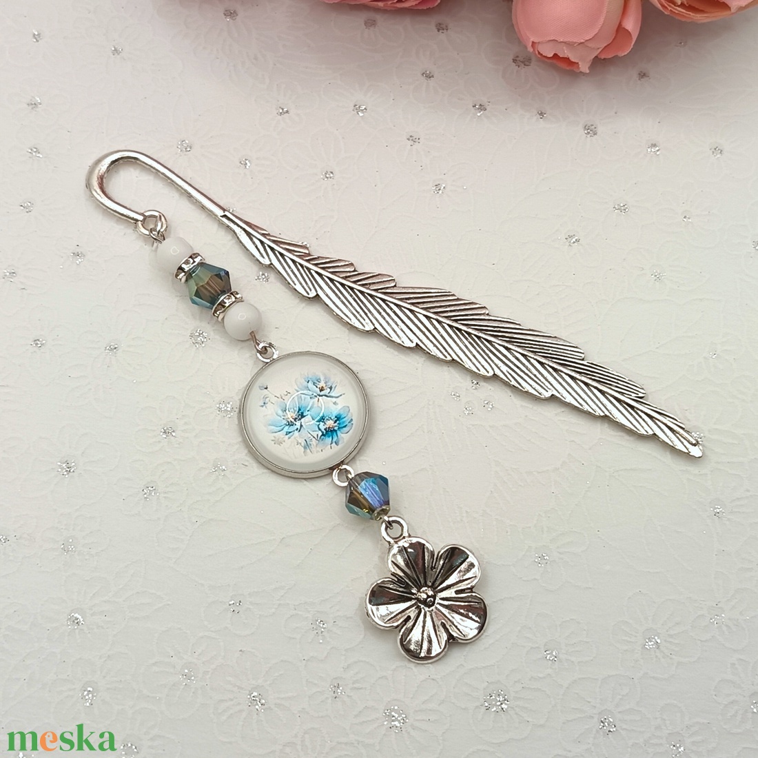 Ezüst könyvjelző � kék virágmintás lencsével - könyv & zene - könyvjelző - Meska.hu