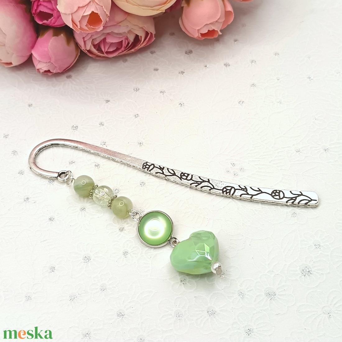 Ezüst könyvjelző � világoszöld szív gyönggyel - könyv & zene - könyvjelző - Meska.hu