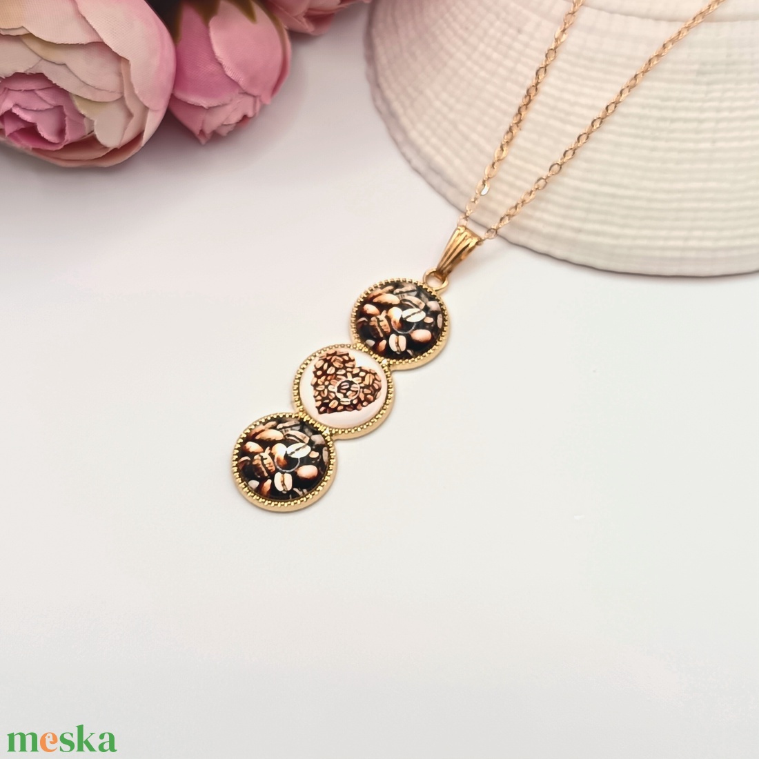 Antik arany nyaklánc � kávészemes, kávészív lencsével - ékszer - nyaklánc - medál - Meska.hu