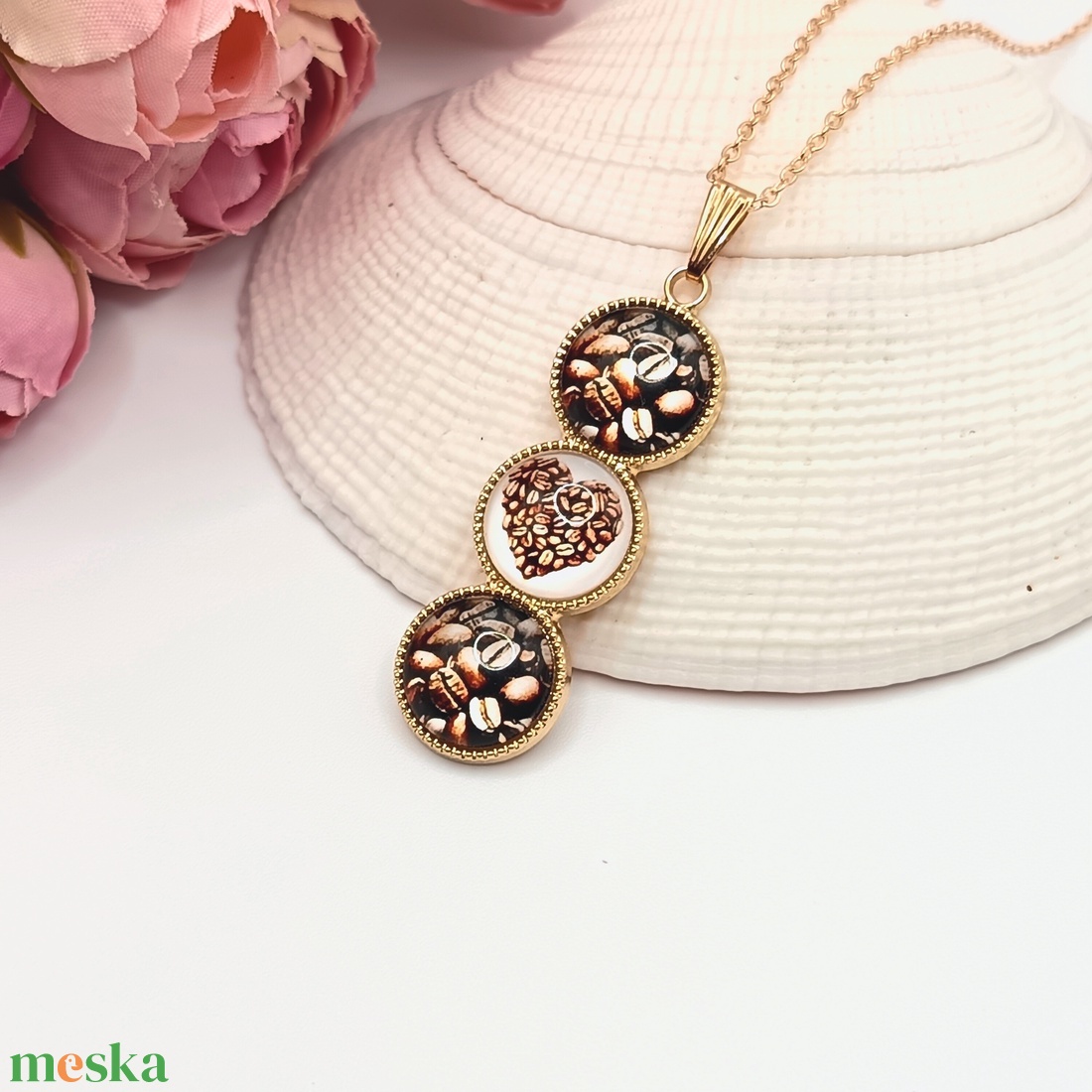 Antik arany nyaklánc � kávészemes, kávészív lencsével - ékszer - nyaklánc - medál - Meska.hu