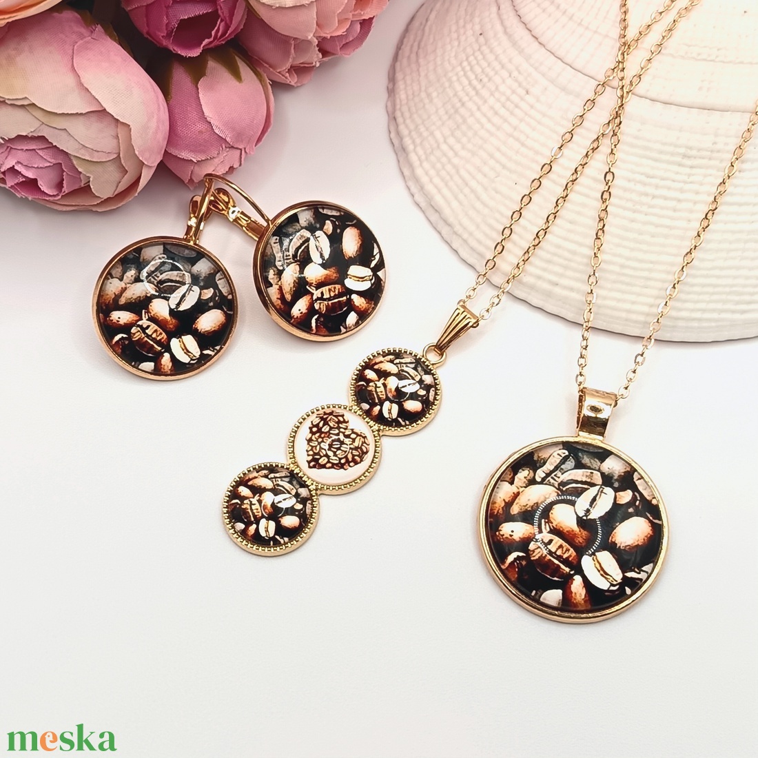 Antik arany nyaklánc � kávészemes, kávészív lencsével - ékszer - nyaklánc - medál - Meska.hu