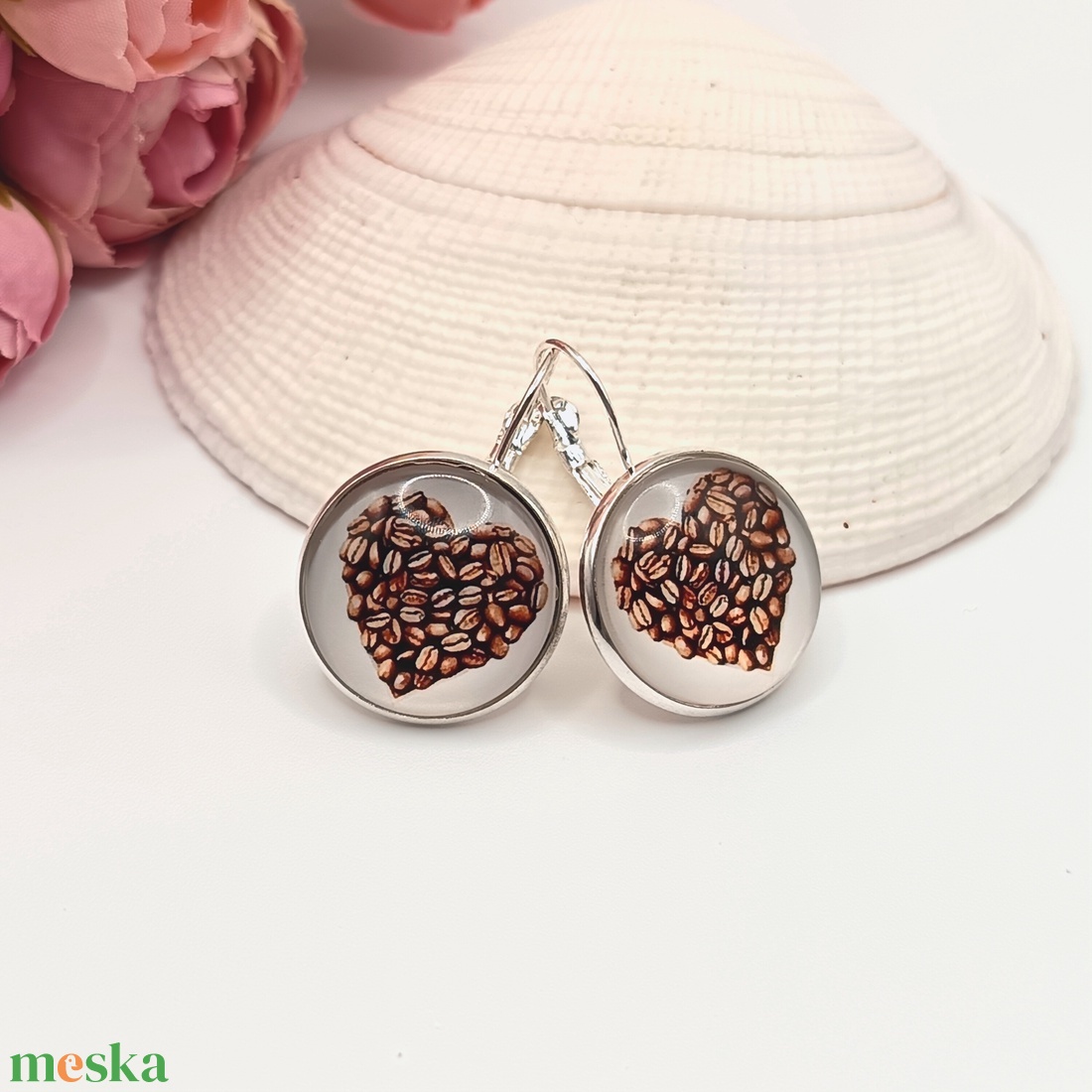 Ezüst franciakapcsos fülbevaló � kávészív lencsével - ékszer - fülbevaló - lógó fülbevaló - Meska.hu