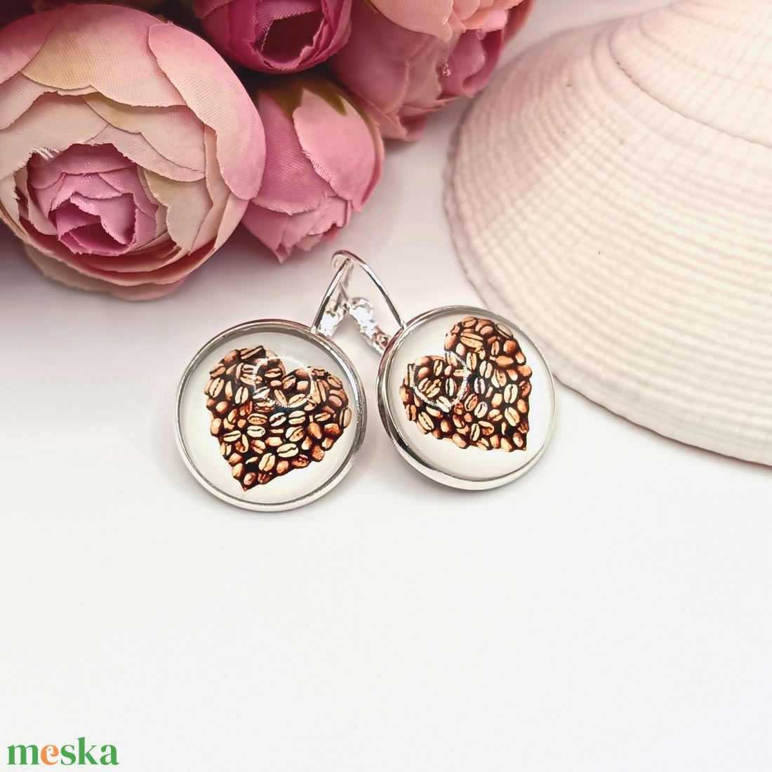 Ezüst franciakapcsos fülbevaló � kávészív lencsével - ékszer - fülbevaló - lógó fülbevaló - Meska.hu