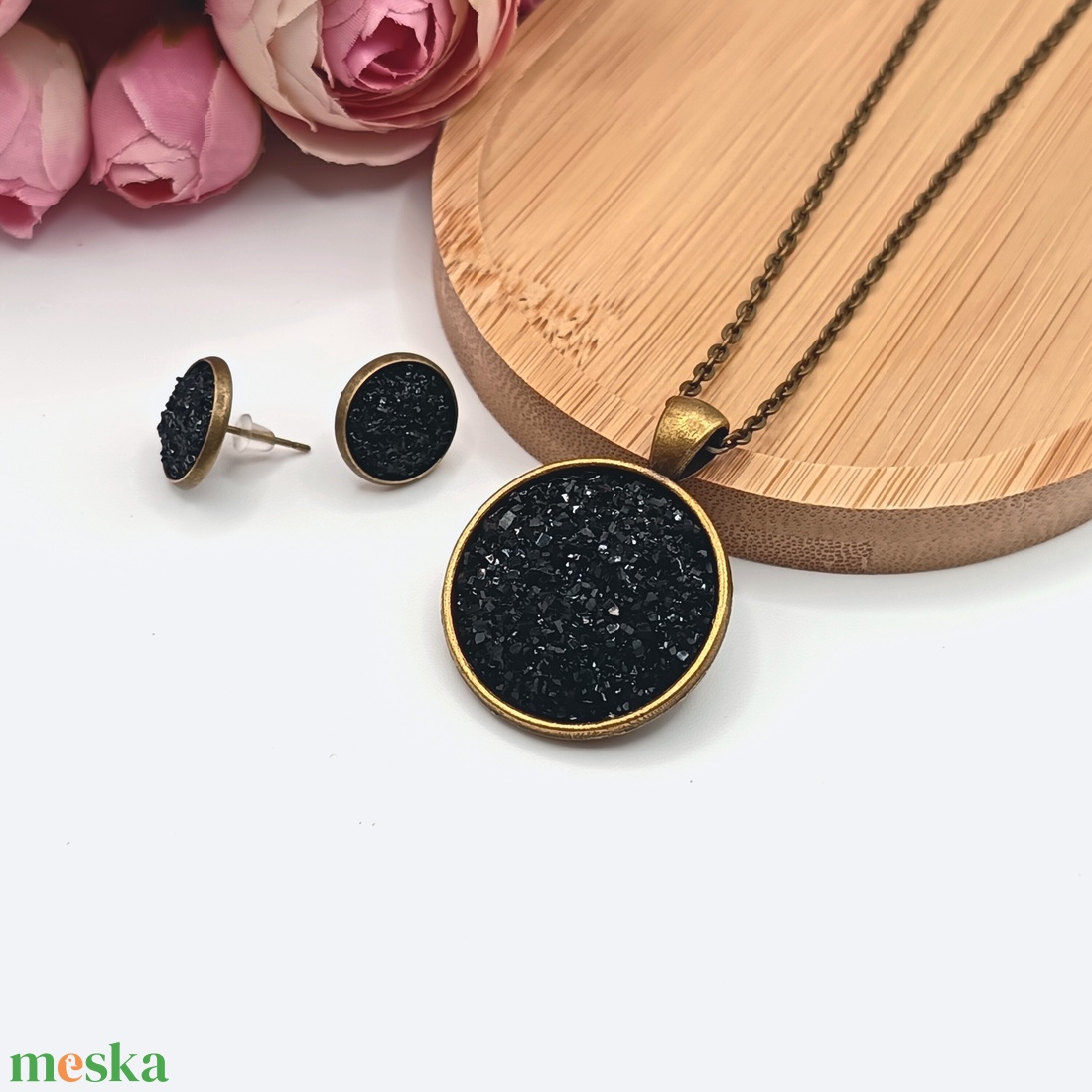 Antik bronz ékszerszett � csillogó fekete lencsével - ékszer - ékszerszett - Meska.hu