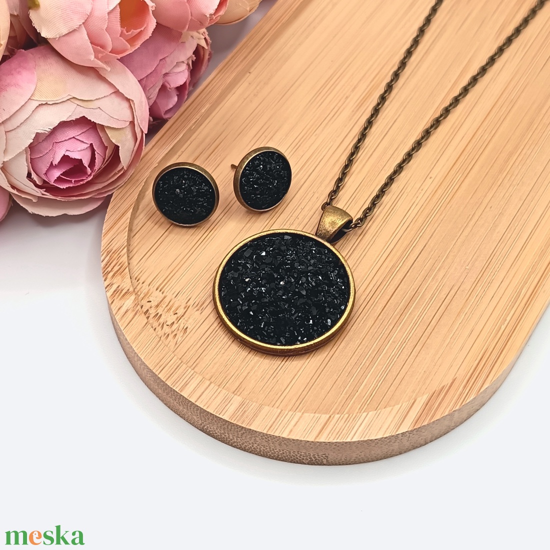 Antik bronz ékszerszett � csillogó fekete lencsével - ékszer - ékszerszett - Meska.hu