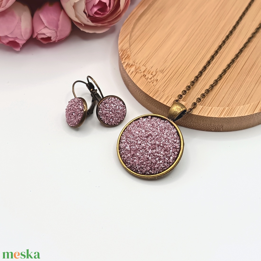 Antik bronz ékszerszett � csillogó halványlila lencsével - ékszer - ékszerszett - Meska.hu