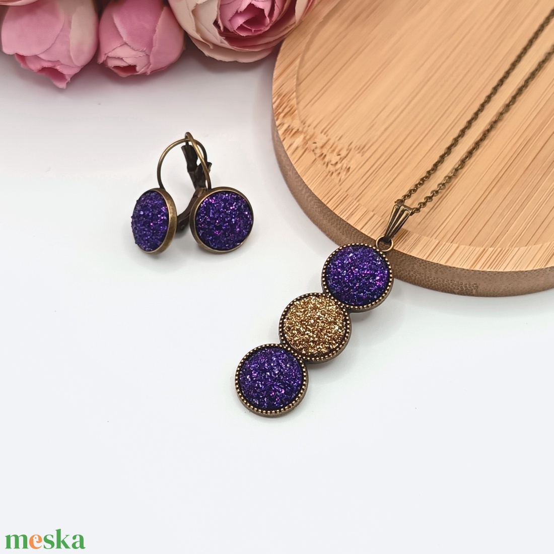 Antik bronz ékszerszett � csillogó lila / arany lencsével - ékszer - ékszerszett - Meska.hu