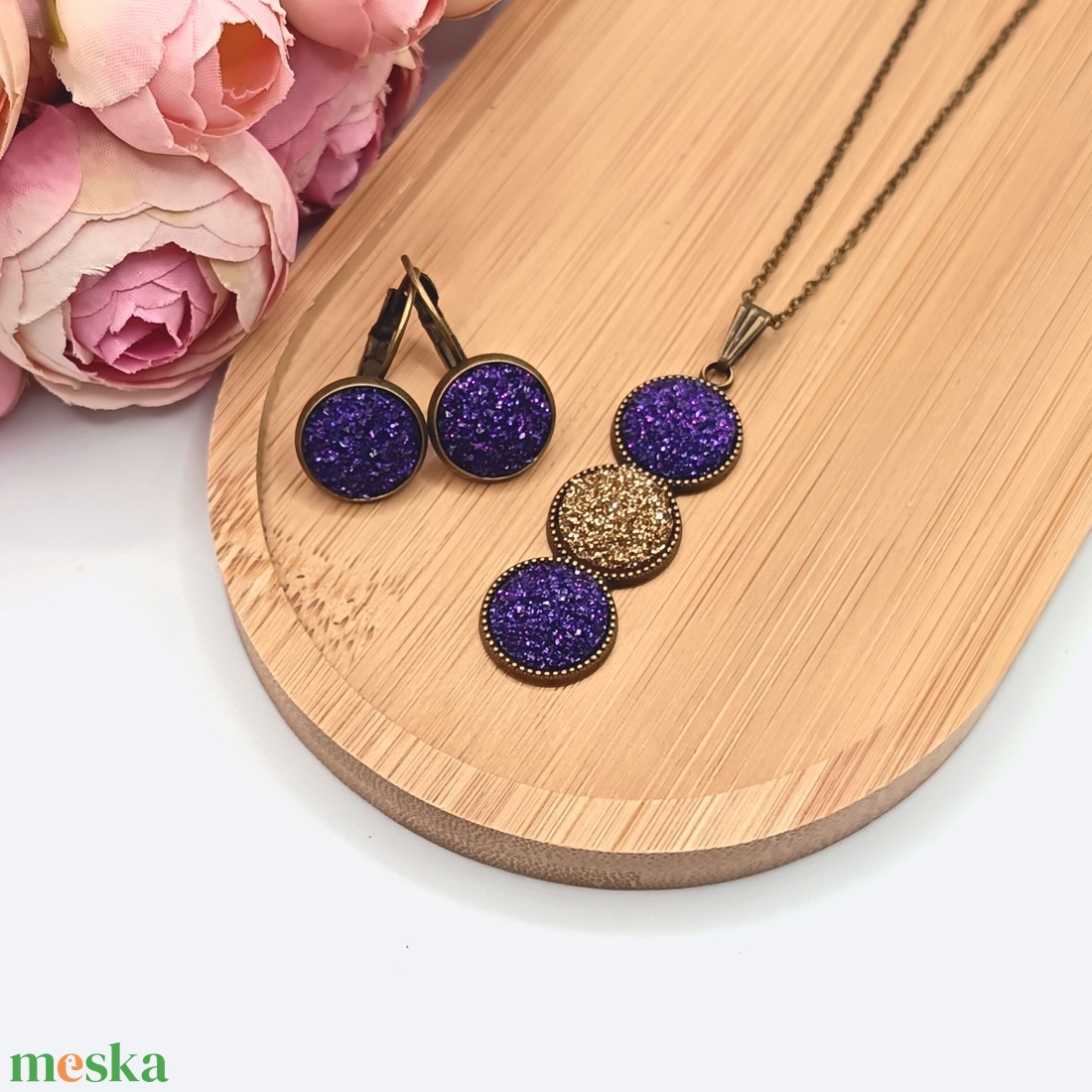 Antik bronz ékszerszett � csillogó lila / arany lencsével - ékszer - ékszerszett - Meska.hu