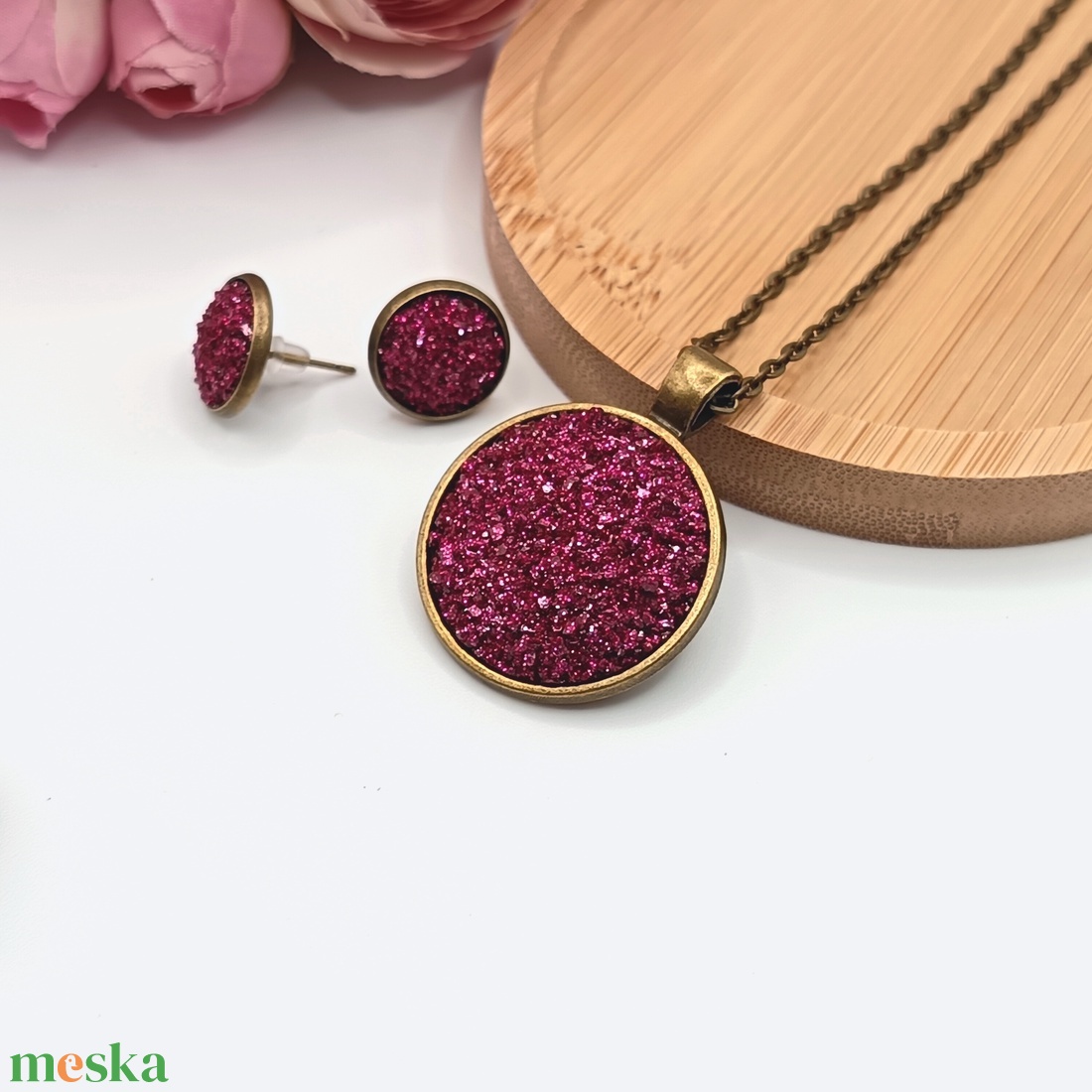 Antik bronz ékszerszett � csillogó pink lencsével - ékszer - ékszerszett - Meska.hu