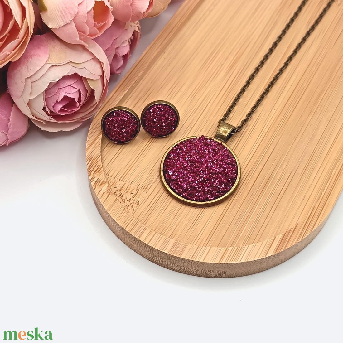 Antik bronz ékszerszett � csillogó pink lencsével - ékszer - ékszerszett - Meska.hu