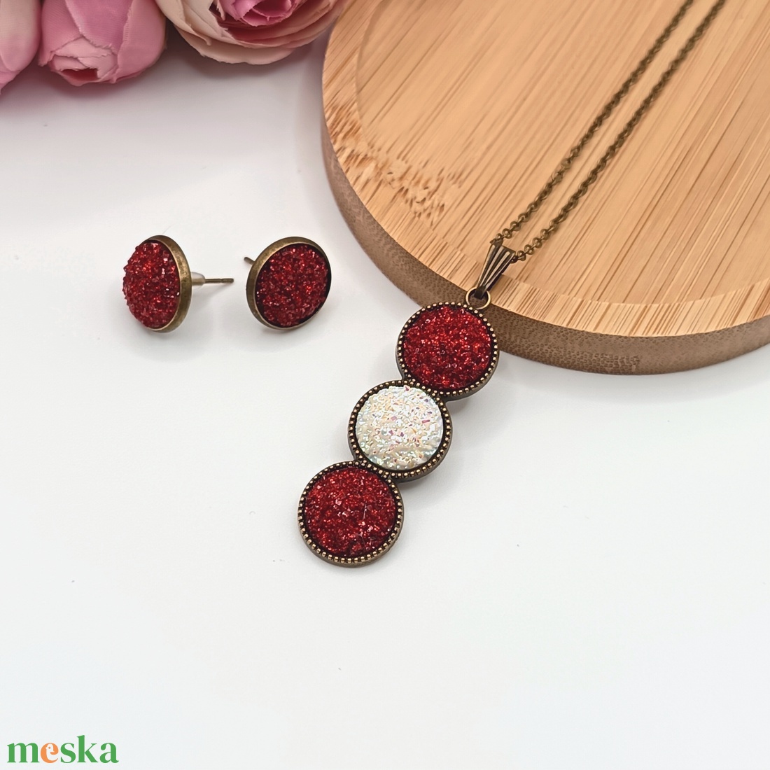 Antik bronz ékszerszett � csillogó piros / fehér lencsével - ékszer - ékszerszett - Meska.hu