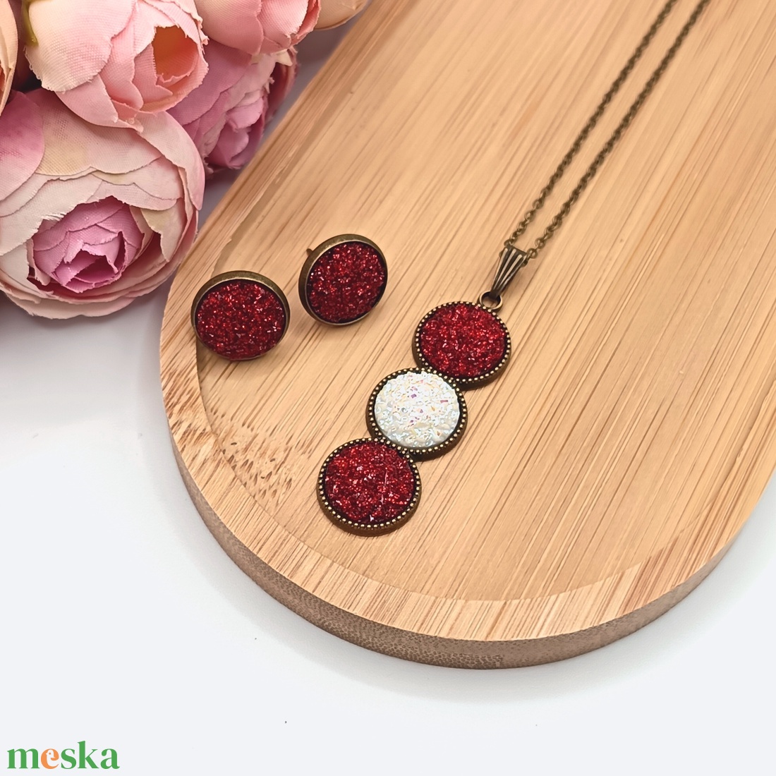 Antik bronz ékszerszett � csillogó piros / fehér lencsével - ékszer - ékszerszett - Meska.hu