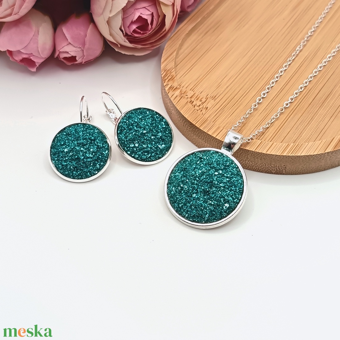 Ezüst ékszerszett � csillogó türkiz lencsével - ékszer - ékszerszett - Meska.hu