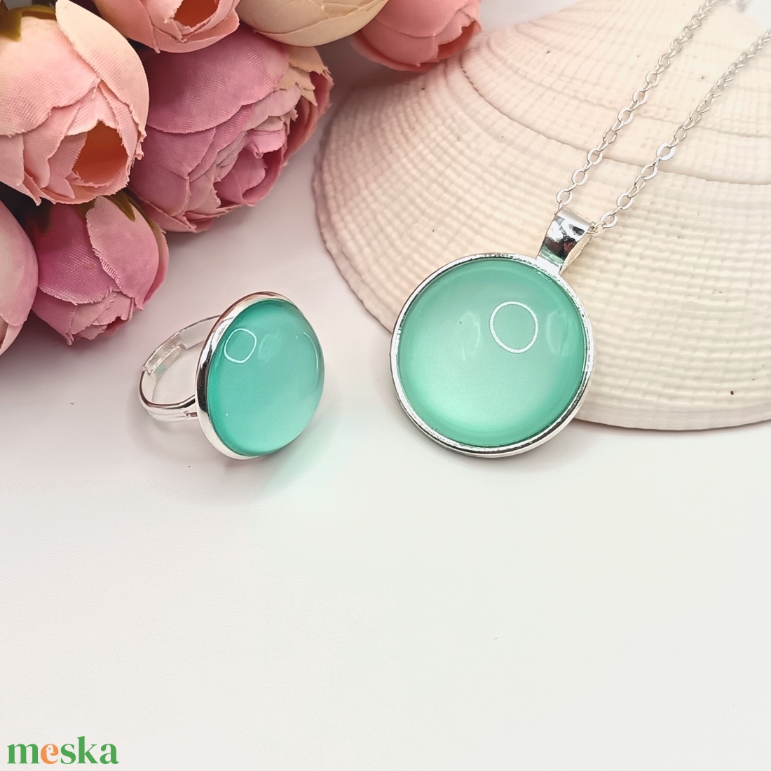 Ezüst ékszerszett � mentazöld üveg lencsével - ékszer - ékszerszett - Meska.hu